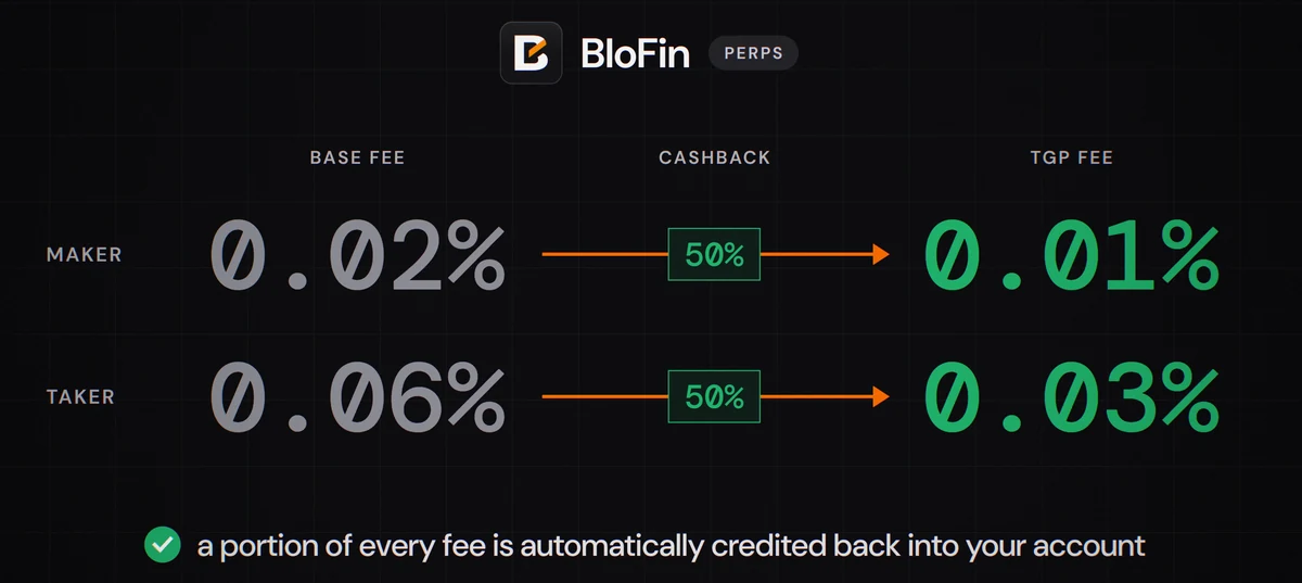 BloFin futures fees with TradeGetPaid's 50% cashback: maker 0.02% becomes 0.01%, taker 0.06% becomes 0.03%